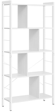 VASAGLE Regal, Bücherregal, Büroregal mit 5 Ebenen, Standregal, Aufbewahrungsregal, groß, Metallgestell, ahornweiß-wolkenweiß LBC012W44