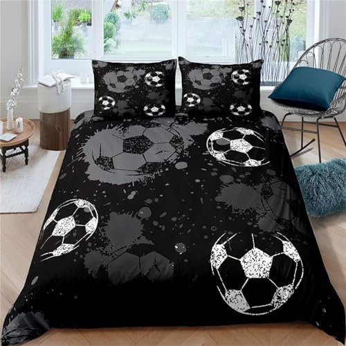 Bettwäsche Set Bettbezug 135x200 Weich Bequem Atmungsaktiv Hypoallergen Mikrofaser Bettbezüge + 2 Kissenbezug,Geeignet für Jungen Mädchen Kinder - (FußBall Schwarz)