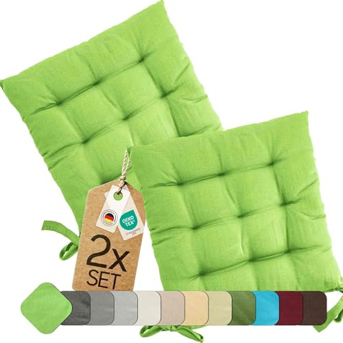 etérea Basic Sitzkissen 40x40 cm 2er Set mit Bändern Apfelgrün | Mit Bändern · Fest gepolstert · Indoor & Outdoor · 30°C waschbar · 55% Baumwolle, 45% Polyester · OEKO-TEX Made in Green