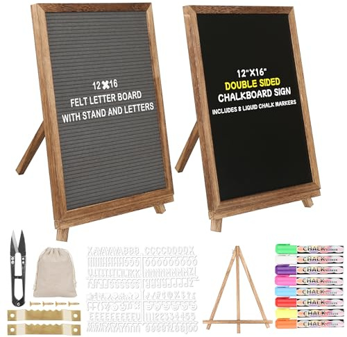 12x16 inch Double Sided Chalkboard and Felt Letter Board with Stand - Reversible Wooden Frame Easel for Menu, Announcements, Home, Office, Cafe, Restaurant Decor