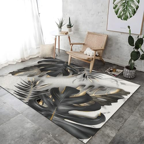 Teppich Ölgemälde Monstera Blätter Bedruckter superfeine Faser Maschinell Hergestellt 80 x 150cm Kurzflor Teppich Grau Teppiche fürs Wohnzimmer Schlafzimmer Weich rutschfest Moderne Deko