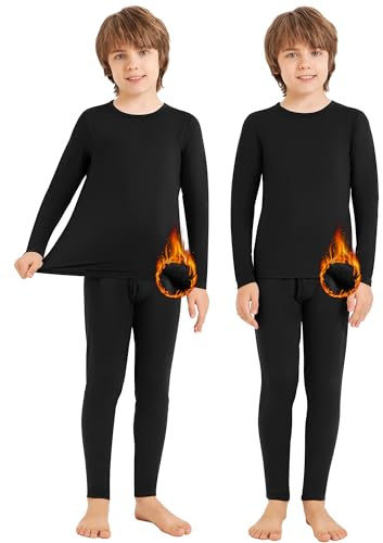 Silkfly 2 Sets Boys Thermal Underwear Fleece Lined Compression Shirt Leggings Pants Kids Base Layer(Black,X-Large,Solid Style)