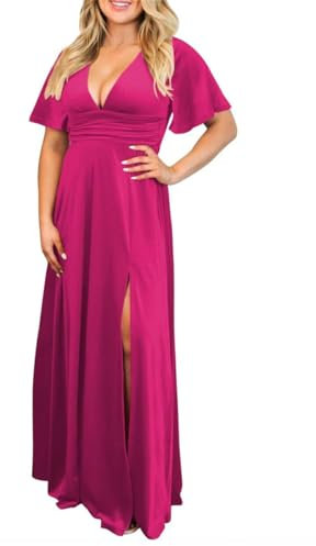 Vestidos de dama de honor de manga corta, de terciopelo, para invitada de boda, formal, vestido de fiesta de noche, fucsia, 44