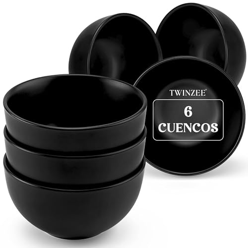 Twinzee Vajillas Completas de Gres Negro - Juego de 6 Cuencos - Resistente al Microondas y Lavavajillas - Duradero y Elegante