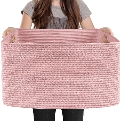 MEGASKET Extra stor rosa förvaringskorg, 60 cm x 43 cm x 30 cm rektangulär filt korg vardagsrum, vävd bomullsrepkorg, leksakskorgar, rosa korgar för dekor, flätad baby tvättkorg