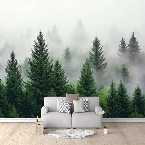 Fotomurales 3D Bosque Brumoso Pinos 350x256 cm Papel Pintado Fotográfico, Decoración De la Pared Murales para Salón, Dormitorio, Habitación para Niños, Pared de TV
