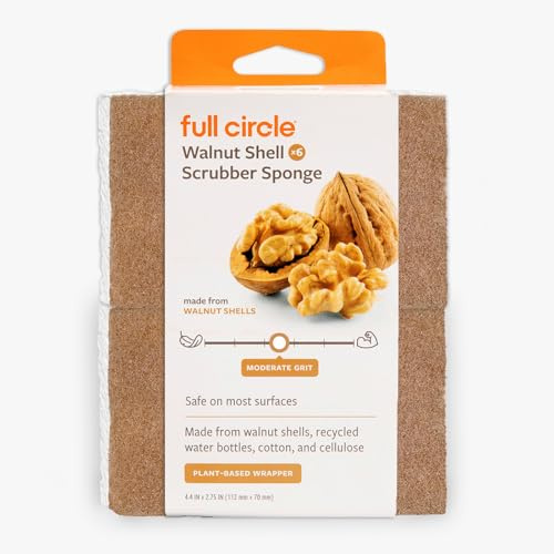 Full Circle Walnut and Cellulose Scrubber Sponges – Pack of 6 – Powerful, Non-Scratch Kitchen Sponges Made with Plant-Based Sustainable Materials, Safe for Nonstick Cookware