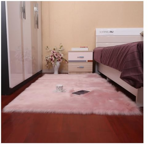 Wisafory Plüsch Teppich Lammfell Imitat Teppich Waschbar Hochflor Fellteppich Flauschiger Teppich Bettvorleger Schlafzimmer für Schlaf Wohnzimmer, Fußbodenheizung Geeignet Lotuswurzel Rosa 50 * 100cm