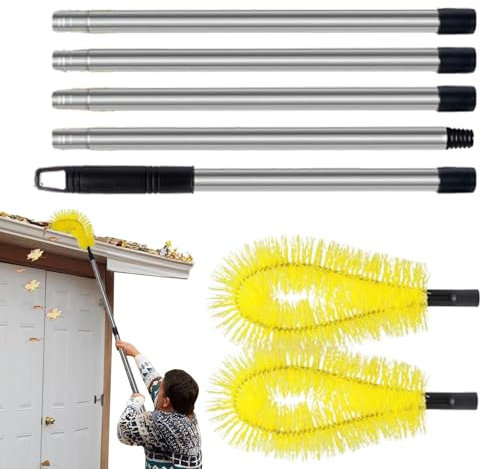 Gutter Cleaning Tool, Extendable Pole Gutter Brush Long Reach Gutter Cleaner Gutter Guard Trench Cleaning Tool with 5 Extension Wand for Roof Gutter