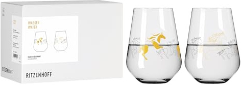 RITZENHOFF 8083001 Wasserglas 2er Set 500 ml, Serie Reitgold - 2 Stück, Motiv Pferde Gold-Lineart, Made in Germany