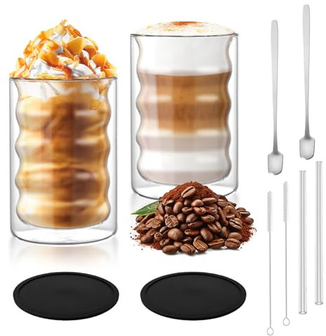 Taimimy Latte Macchiato Gläser Doppelwandig 350ml 2er Set mit 2 Löffeln, Doppelwandige Kaffeegläser Cappuccino Tassen, Espressotassen Thermogläser Teegläser aus Borosilikatglas(2x350ml+2 Löffel)
