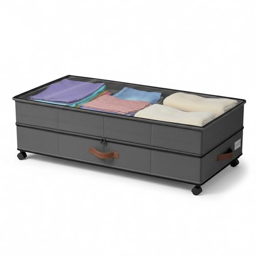 Eikovia Unterbettkommode mit Rollen, 72 l, XXL, großes Fassungsvermögen, Unterbett-Aufbewahrungsbehälter mit transparenten Deckeln, 27,9 cm Höhe, Unterbett-Schuhbehälter für Decke, Kleidung