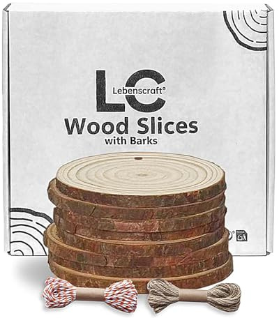 Rondin Tranche de Bois avec Trou Deco Naturel Brut, 9-10 cm 8 pièces | avec 2 cordes,rond,rondelles