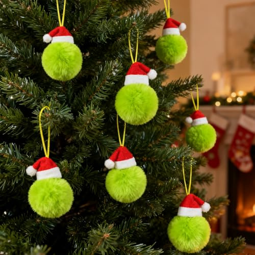 12 Stück pelzige Weihnachtskugeln mit Hüten, 8 cm, Limettengrün, Plüsch-Weihnachtskugel, Ornamente, flauschiger Baumball, Plüsch-Weihnachtskugel für Weihnachtsbaum, hängende Dekoration, Party (Grün)