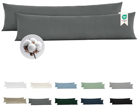 BEDELITE Seitenschläferkissen Bezug 40 x 145 Baumwolle, Dunkelgrau | Kissenbezug 40x145 2er Set, Oeko-Tex Kissen Bezug 145x40 für Seitenschläferkissen, 143 Fäden pro Quadratzoll