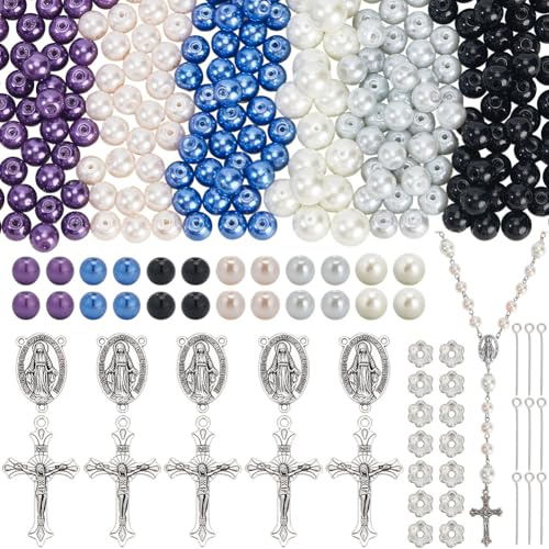 SUNNYCLUE 700 Stück Rosenkranz Bastelsets Kruzifix Anhänger Rosenkranzkreuze Osterkreuz Anhänger Ovaler Kronleuchter Gliederanhänger Glasperlen Für Schmuckherstellung Zubehör DIY Halsketten Armbänder