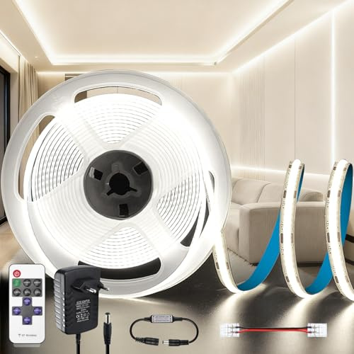 KSIBNW Tira LED COB 5M, 12V Regulable Tiras Luz LED Blanco Frío 6000K Tira Luces 8mm Ancho con Mando Distancia y Fuente Alimentación Adhesiva Luz LEDs Habitacion para Cocina Bajo Mueble, Television