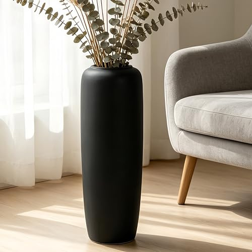 JIDOFUE Schwarze Keramik Vintage Bodenvase, 60cm, Rustikaler Boho Stil für Pampasgras, Blumen oder Dekor, Perfekt für Wohnzimmer, Eingangsbereich oder als Dekoration auf Tischen.