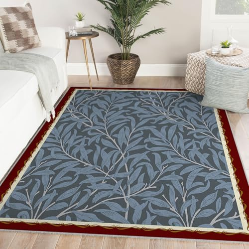 LANDERSION Tappeti blu salice per soggiorno Foglie di piante classiche Tappeto texturizzato per soggiorno Camera da letto Boho Arredamento casa Zerbito lavabile 100x150cm