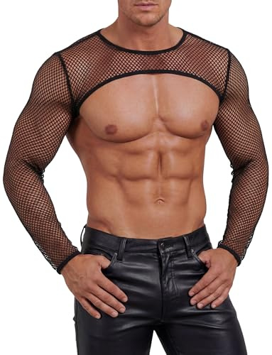 FEOYA Men's Fishnet Long Sleeve T-Shirt Sheer Mesh Crop Top Hollow Arm Sleeves Shrug Fishnet Half Chest Muscle Crop Top Slim Fit Party Clubwear Tee Tops
