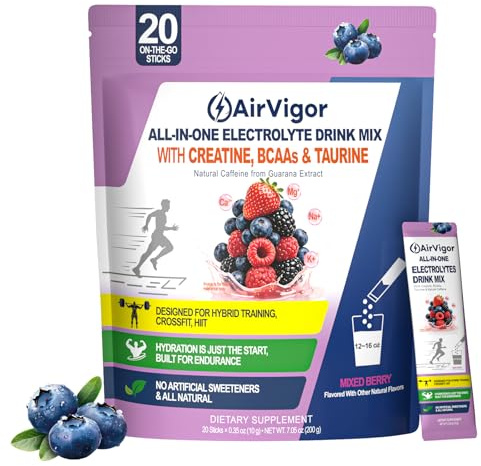 Creatine Electrolyte Powder – AirVigor All-in-One Electrolyte Drink Mix with BCAAs, Taurine & Amino Acids for Crossfit, HIIT & Hybrid Strength Training, Low Calorie Natural Hydration, 20 Sticks
