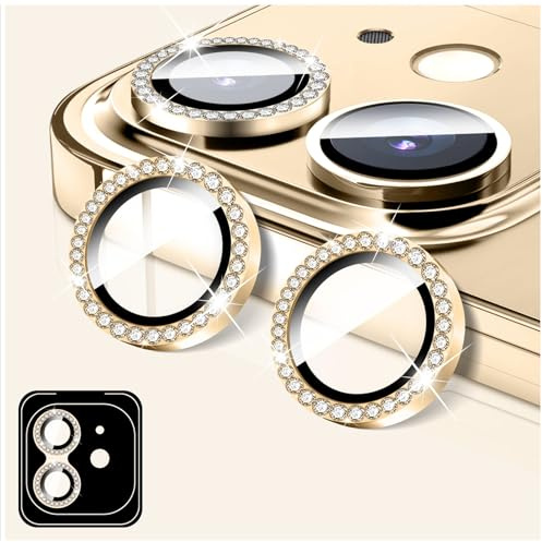 LucBuy Camera Lens Protector Compatible for iPhone 12/12 Mini, Diamond Tempered Glass Screen Cover Camera Lens Film Stickers, Individual Auto-Align Metal Rings Phone Decorations - Gold