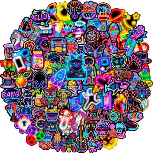100 PCS Neon Stickers - Waterproof Vinyl Cool Sticker Pack - Aesthetic Decals for Water Bottle, Laptop, Skateboard, Suitcase & Scrapbook - Colourful Decorative Stickers for Teens and Adults