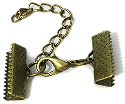 10 Set Ribbon Clamp Crimp Ends Beads with Lobster Claw Swivel Clasps Extension Chain Jump Rings Cords End Caps String Leather Clip Foldover Necklace Bracelet Connectors (Bronze Crimp 25mm)