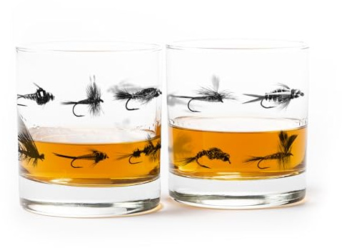 Black Lantern Fly Fishing Whiskey Glasses Set of 2 – 11oz Rock Tumblers with Screen-Printed Fly Patterns – Premium Bourbon & Scotch Barware for Fishermen and Outdoor Enthusiasts
