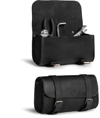Hide & Drink, Dicke Leder Motorrad Lenkertasche 2 Gurte Werkzeug Organizer Motorradtasche Premium Satteltasche für Fahrrad Pendler Handgemacht inkl. 101 Jahre Garantie (Charcoal Black)