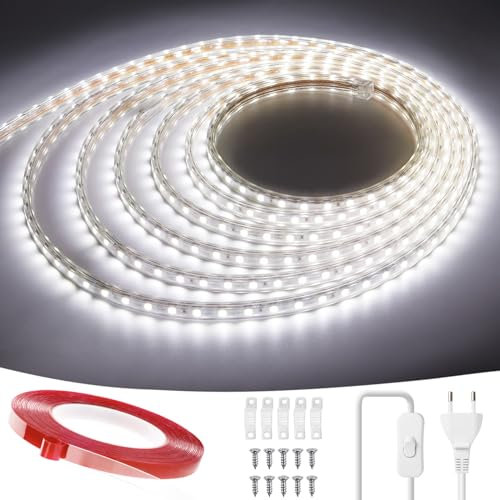 LONCWO LED Streifen 3m, IP65 Wasserdicht LED Leiste LED Strip mit Schalter und Stecker 220V 230V Lichtband, Weiß, 3M