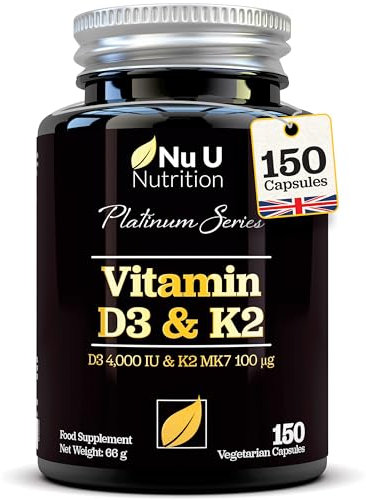 Vitamin D3 4000 IU and Vitamin K2 MK7 100μg - 150 Vegetarian Capsules - 5 Month Supply - High Strength Vitamin D K2 Supplement - Made in UK - Nu U Nutrition