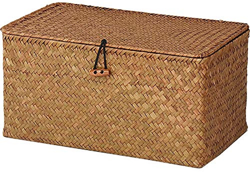 DOKOT Rectangular Handwoven Seagrass Storage Basket with Lid for Shelves and Home Organizer Bin, (M (12x7x6H), Natural)