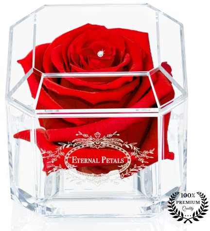 A 100% Real Rose That Lasts Years - Eternal Petals, Handmade in UK, Flowers Delivery – White Gold Solo with A Clear Crystal (Red)