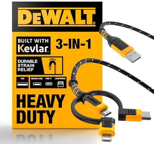 DEWALT Heavy Duty 3 in 1 Multi Charging Cord, 6ft Fast Charger Cord, Multi Charger Adapter with Lightning/Type C/Micro USB Port for iPhones/Samsung Galaxy/PS/Tablets/More | Multi Charger Adapter with Lightning/Type C/Micro USB Port for iPhones/Samsung Galaxy/PS/Tablets/More