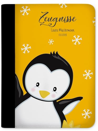 CreaDesign Zeugnismappe A4 mit Namen personalisiert für Kinder – Pinguin Gelb – Dokumentenmappe Schule ohne Klarsichthüllen
