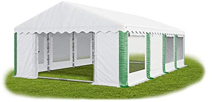 Das Company Partyzelt 5x8m Lagerzelt Universalzelt Pavillon mit Moskitonetz weiß-grün mit Bodenrahmen und Dachverstärkung Zelt 240g/m² PE Plane wasserdicht Gartenpavillon Summer Plus IPEM