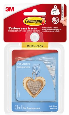 Command Multi-Pack de Mini Crochets Transparents, 18 Crochets et 24 Petites Languettes Adhésives - Accrochage Sans Dommage