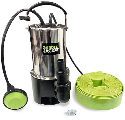 Gardenjack Clean Dirty Water Pump 1100W Stainless Steel Submersible Pump, 18,000 L/H for Ponds, Pools & Floods Includes 10M Suction Hose