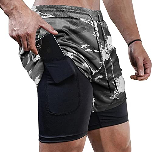 Superora Herren Sport Shorts Laufshorts 2 in 1 Kurze Running Sporthose Fitness Training Mit Eingebaut Taschen (Tarngrau, L, l)