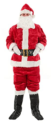 Mr Crimbo Professional Santa Suit Costume – 8 Piece Deluxe Father Christmas Outfit with Beard, Glasses, Belt, Hat & Boot Covers – Red Velour Grotto Fancy Dress – Plus Size