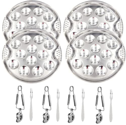 lilico 4 Set/12pcs Escargot Baking Dish Oyster Plate Snail Escargot Plate Stainless Steel Escargot Dishes 12 Compartment With Escargot Tongs Snail Fork For Kitchen Hotel Restaurant Supplies