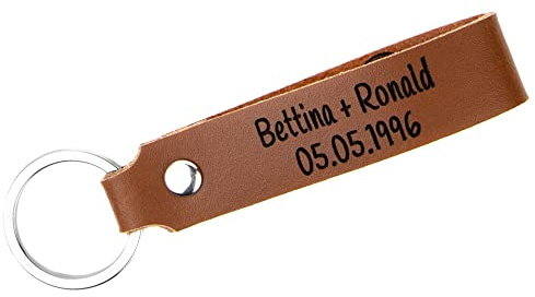 Tidero Schlüsselanhänger Leder mit Wunschgravur ZWEIZEILIG – personalisiert Wunschtext Gravur individuell – Geschenk Weihnachten für Männer Frauen Name Datum – Handmade in Germany – Hellbraun