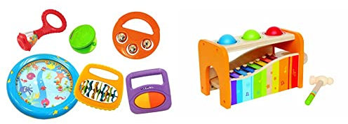 Musik für Kleine Baby-Rhythmus-Set Baby-Maraca Kastagnette Klipp-Klapp-Rassel Meerestrommel Rassel-Roller & Hape Xylophon und Hammerspiel mit ausziehbarem Xylophon, langlebiges Holzspielzeug