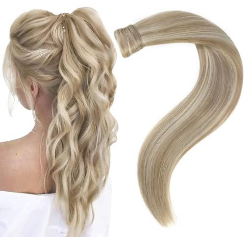 Easyouth Zopf Echthaar Extensions Blond Pferdeschwanz Extensions Echthaar Golden Blonde Highlight Mittelblond 30 cm 70g Zopf Extension Haarverlängerungen Glatt #16P22
