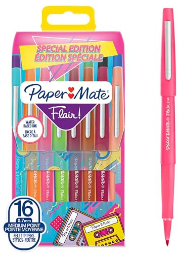 Paper Mate Flair Pennarelli con punta in feltro | punta media (0,7 mm) | assortimento di colori Retro | Set da 16 pezzi