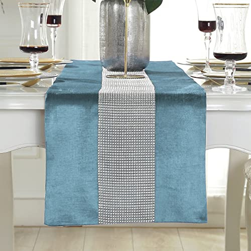 Deggodech Blau Tischläufer 32 x 180 cm Glitter Tischläufer Silber Diamant Table Runner für Küchentisch, Kaffeetisch, Kommode，Weinschrank Dekoration (180cm, Blau)