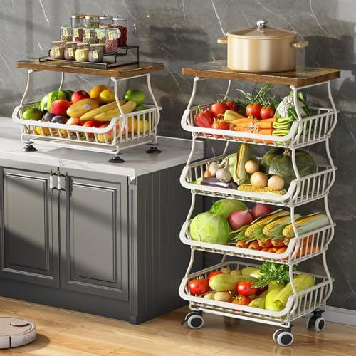 SAYZH Fruit Basket Kitchen Pantry Organizers and Storage - Wooden Top Table, Stackable Metal Wire Basket Stand Cart for Fruit Vegetable Snacks Onion Potato Organization (White, 5 Tiers)