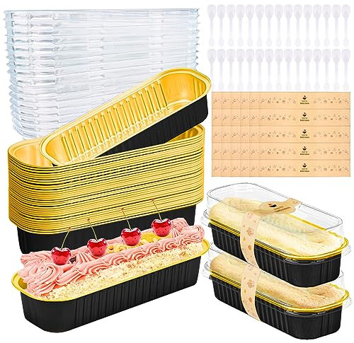 Furuising 120Pcs/30Set Mini Loaf Pans with Lids and Spoon, 200ml Aluminum Loaf Cake Cases, Reusable Foil Mini Loaf Tin, Baking Pans with Stickers for Cake Bread Baking (Black Gold)