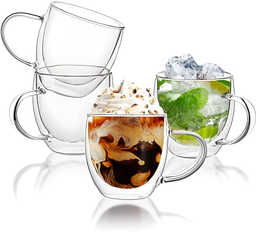 YMMIND Set of 4 Double Walled Glass Coffee Mugs 6 Ounces Insulated Layer Coffee Cups with Handle Borosilicate Glass Espresso Cup for Hot Beverage,Cappuccino,Tea,Latte,Wine,Microwave Safe
